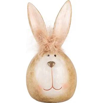 Bytová dekorace Béžová dekorace králičí hlava s peříčkovou čupřinkou - Ø 11*21 cm