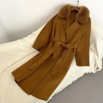 Dámský kabát Vlněný dlouhý kabát s pravým kožíškem liška Barva: Tmavě Hnědá, Velikost: S