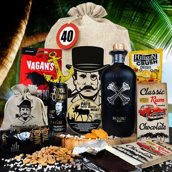 Dárkový potravinový koš Dárkové balení s rumem Bumbu XO | Dárkový koš s rumem Bumbu pro chlapa