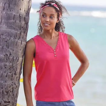 Blancheporte Jednobarevný top s výstřihem do V lemovaným macramé růžová 50