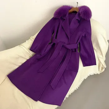 Dámské oblečení Vlněný dlouhý kabát s pravým kožíškem liška Barva: Fialová, Velikost: S