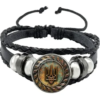 Náramek Tryzub ukrajinský kožený náramek se skleněným kabošonem | kožený náramek, pánský náramek - 2