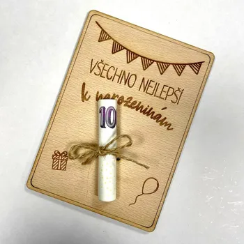 Dřevěné přání k narozeninám - motiv 1 Nápis: Standard - Bez vlastních jmen