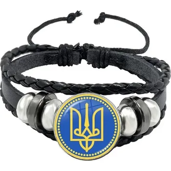 Náramek Tryzub ukrajinský kožený náramek se skleněným kabošonem | kožený náramek, pánský náramek - 10