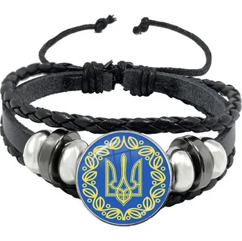 Náramek Tryzub ukrajinský kožený náramek se skleněným kabošonem | kožený náramek, pánský náramek - 9