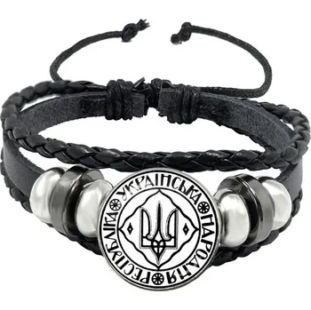 Náramek Tryzub ukrajinský kožený náramek se skleněným kabošonem | kožený náramek, pánský náramek - 7