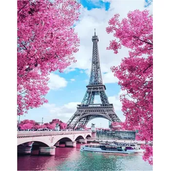 Diamantové malování Diamantové malování - 5D Eiffelova věž a růžové stromy 30x40