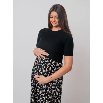 Těhotenské šaty Mama L'amour Dvoudílné svetrové těhotenské a kojící šaty 3v1 Theresa černé s béžovými kvítky bavlněné Velikost: S