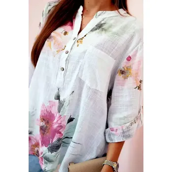 Dámská bavlněná halenka 10062-3 bílá s květy univerzální L / XL / XXL (univerzální )