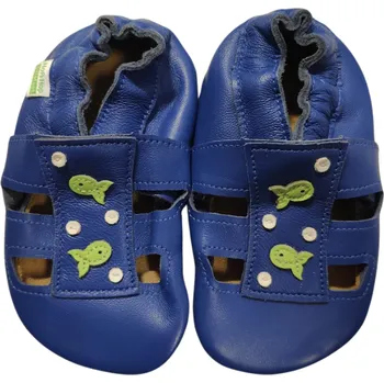 Capáčky Kožené capáčky/sandálky Hopi Hop Barefoot Modré Rybičky Velikost: 18 - 24 měsíců