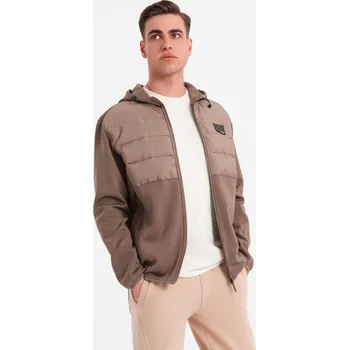Pánské oblečení Pánská lehká kombinovaná bunda s kapucí a ozdobným prošíváním - světle hnědá V2 OM-JANP-0160 - S