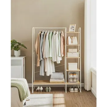 Věšák VASAGLE Kovový stojan na oděvy s policemi 5+1 bílý dub