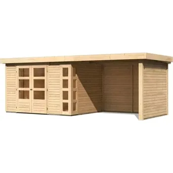 Zahradní stavba LG2993 Dřevěný domek KARIBU KERKO 5 + přístavek 280 cm včetně zadní a boční stěny (9208) natur