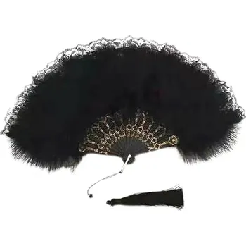 Karnevalový doplněk Flor de Cristal Vějíř s peříčky ( gotický, japonský styl) - černý