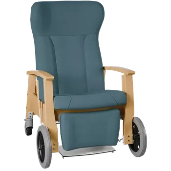 Sedací souprava GAVOTA F2-2-P pečovatelské křeslo, mobilní, s polohováním obsluhou, opěrák comfort, pevné područky, dřevěný rám, látka modrá