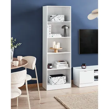 Knihovna Knihovna bílá dřevotříska s 5 policemi úložný nábytek policové regály skandinávský design obývací pokoj Beliani