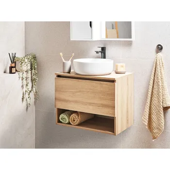 Koupelnový nábytek Koupelnová nástěnná umyvadlová skříňka světle hnědá dřevotříska předřezané otvory pro umyvadlo Beliani