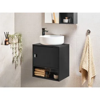 Koupelnový nábytek Koupelnová nástěnná umyvadlová skříňka černá dřevotříska předřezané otvory pro umyvadlo Beliani