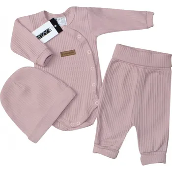 Kojenecký body Žebrované zavinovací body, tepláčky a čepička Kazum 3D bavlněná sada,pudrově růžová,vel.68, Velikost koj. oblečení 68 (3-6m)