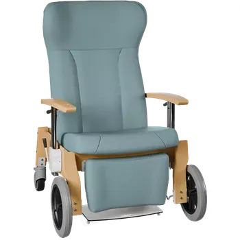 Sedací souprava GAVOTA F2-2-V pečovatelské křeslo, mobilní, s polohováním obsluhou, opěrák comfort, výškově stavitelné područky, dřevěný rám, koženka modrá