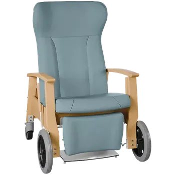 Sedací souprava GAVOTA F2-2-P pečovatelské křeslo, mobilní, s polohováním obsluhou, opěrák comfort, pevné područky, dřevěný rám, koženka modrá