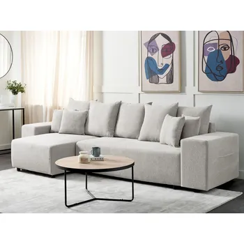 Pohovka Rozkládací rohová pohovka světle šedá látka 3místná pravostranná na spaní s polštáři moderní obývací pokoj Beliani