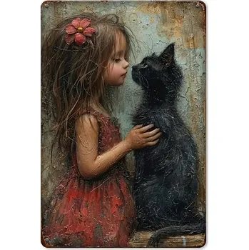 Plechová cedule BAF Vintage kovová cedule Dívka s kočkou 30 x 20 cm