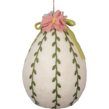 Závěsná dekorace bílé plstěné vajíčko s růžovým květem – textilní dekorace – 18x27 cm