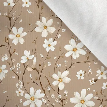 Látka matná na plavky, fitness oblečení bílé květy Lema na béžové