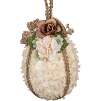 Závěsná dekorace béžové vajíčko s krajkou a hnědou růží – textilní dekorace – 11x17 cm