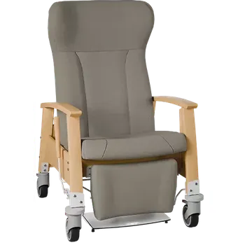 Sedací souprava GAVOTA G2-2-P pečovatelské křeslo, mobilní, s polohováním obsluhou, opěrák comfort, pevné područky, dřevěný rám, látka šedá