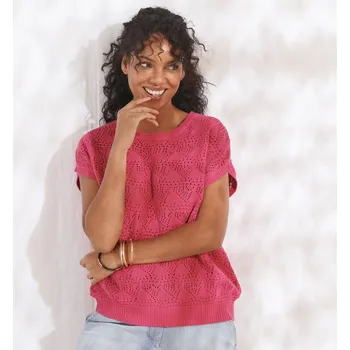 Dámská halenka Jednobarevná halenka z ažurového úpletu růžová 50