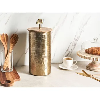 Dóza na potraviny Dóza na potraviny zlatá kov dřevěné víko kulatá dekorativní box úložný prostor industriální glamour styl Beliani