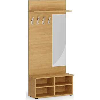 Věšák Věšáková stěna s botníkem a zrcadlem PRIMO, 4 háčky, police, buk