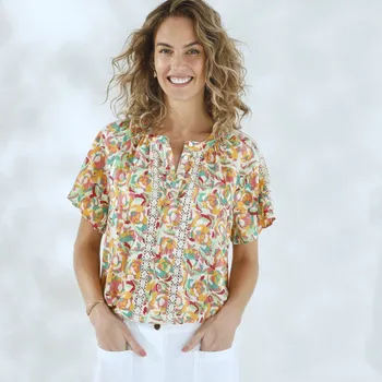 Dámská halenka Halenka s krátkými rukávy, macramé proužky a potiskem režná/růžová 36