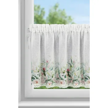 Záclonka ESTERA z etamínu, zdobená potiskem květin a krajkou 150 x 60 cm
