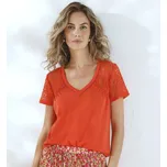 Tričko s výstřihem do V a macramé rukávy oranžová 38/40
