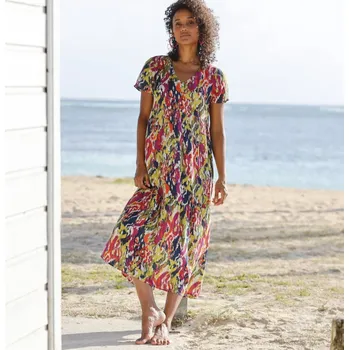 Dámské šaty Kreponové midi šaty s výstřihem do V a vícebarevným potiskem khaki/purpurová 40