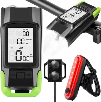 Cyklosvítilna SVĚTLO NA KOLO PŘEDNÍ ZADNÍ BEZDRÁTOVÝ TACHOMETR KLAKSON AKUMULÁTOR USB 3v1