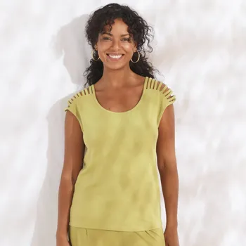 Jednobarevné tričko s ozdobnými šňůrkami na ramenou mechová 52