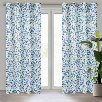 Závěs ROSALI s potiskem malovaných modrých větviček z lehkého mikrovlákna