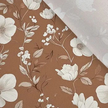 Šatovka / látka na šaty lesklá bílé květiny Via na mocha mousse