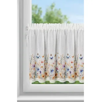 Záclonka ESTERA z etamínu, zdobená potiskem květin a krajkou 150 x 60 cm