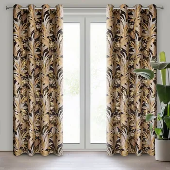 Závěs ADEL z měkkého sametu s motivem listů zvýrazněných zlatými akcenty 140 x 250 cm