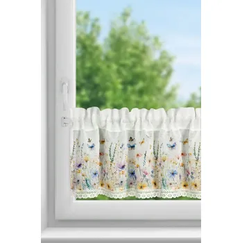 Takoy záclonka ESTERA z etamínu, zdobená potiskem květin a krajkou 150 x 30 cm bílá