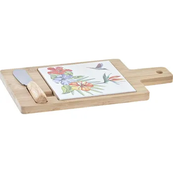 Kráječ na chleba Prkénko na krájení sýra s nožem DKD Home Decor Tropický Bambus Kamenina Nerezová ocel (21,5 x 11,8 x 1,5 cm)