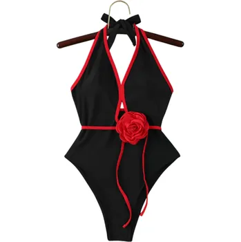 Dámské plavky Jednodílné dámské plavky s hlubokým výstřihem Květinová ozdoba Retro styl Vázání za krkem Elegantní plážové oblečení červená M