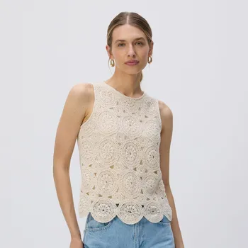 Dámské tričko Reserved - Bavlněný ažurový top - krémová - 6169E-01X - 6169E-01X-S