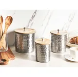 Sada 3 dekorativních nádob stříbrná hliníková dóza s dřevěným víkem úložné nádoby na potraviny kuchyně Beliani