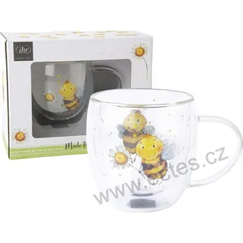 Stolování IHR SUNNY BEE dvoustěnný skleněný termo hrnek roztomilé veselé včelky a kopretina 250ml